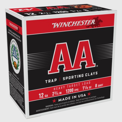 Winchester AA Trap / Sporting Clays, 12 Ga, 2-3/4", 1-1/8oz, 8 Shot, 25 Rds