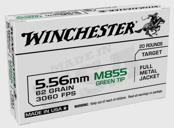 Winchester 5.56mm 62gr FMJ, Green Tip, 20rd box