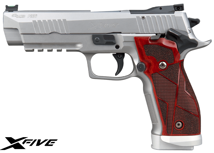 SIG P226, 9MM, 5IN, X-FIVE, STAINLESS FINISH, SAO, WOOD GRIPS, (3) 20RD STEEL MAG, MAGWELL, CUSTOM WORKS