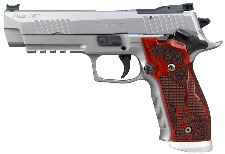 SIG P226, 9MM, 5IN, X-FIVE, STAINLESS FINISH, SAO, WOOD GRIPS, (3) 10RD STEEL MAG, MAGWELL, CUSTOM WORKS
